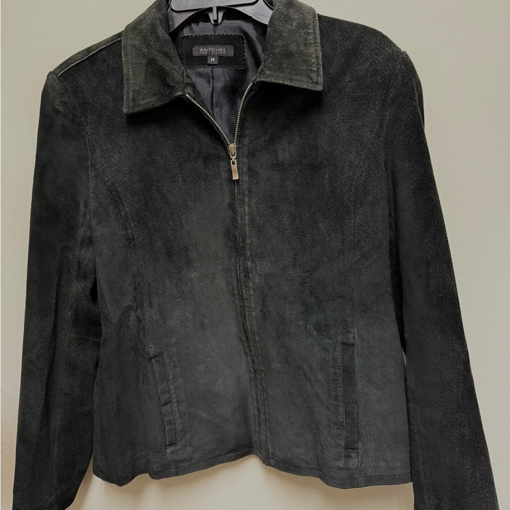 Britches For Women Black Suede Leather Jacket Sz M Zip Front Two Pockets